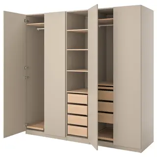 PAX / FORSAND wardrobe combination, grey-beige/white stained oak effect grey-beige, 250x60x236 cm