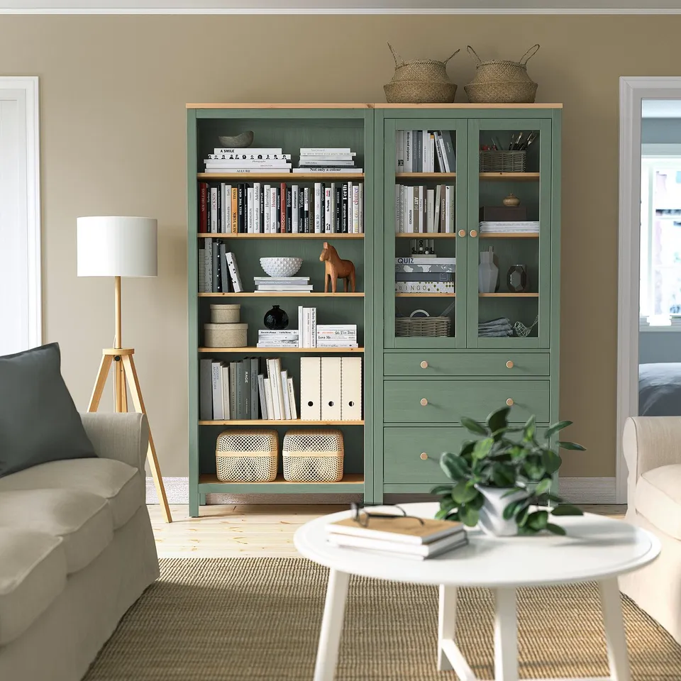 HEMNES dark green bookcases. Traditional-meets-modern decor with ample storage. Open & glass-doored units, adjustable shelves.