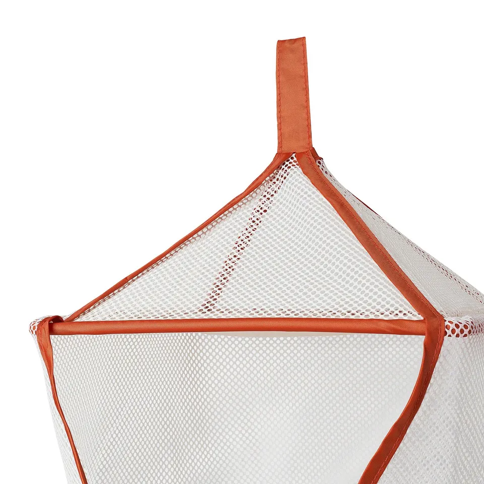 Close-up: well-stitched mesh bag with orange trim. Detailed seams ensure durability. Foldable, five-compartment organiser.