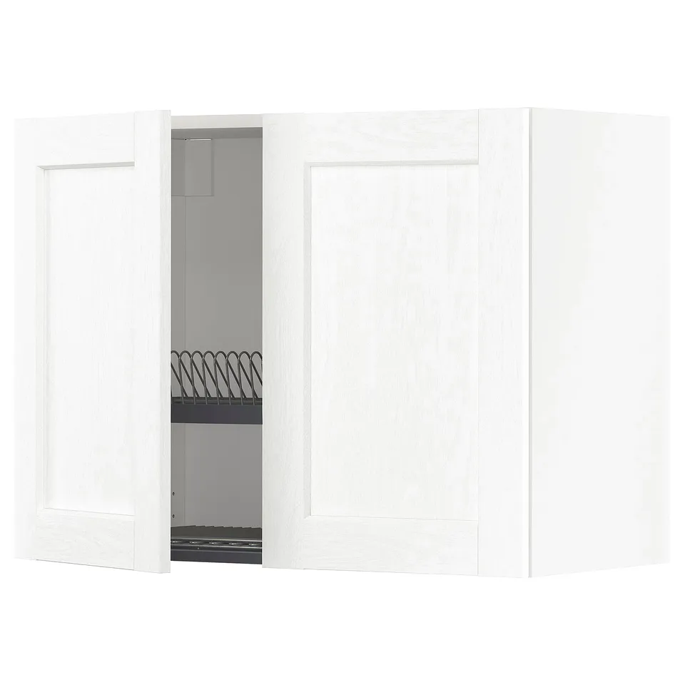 White kitchen cabinet set with silver handle and wire rack.