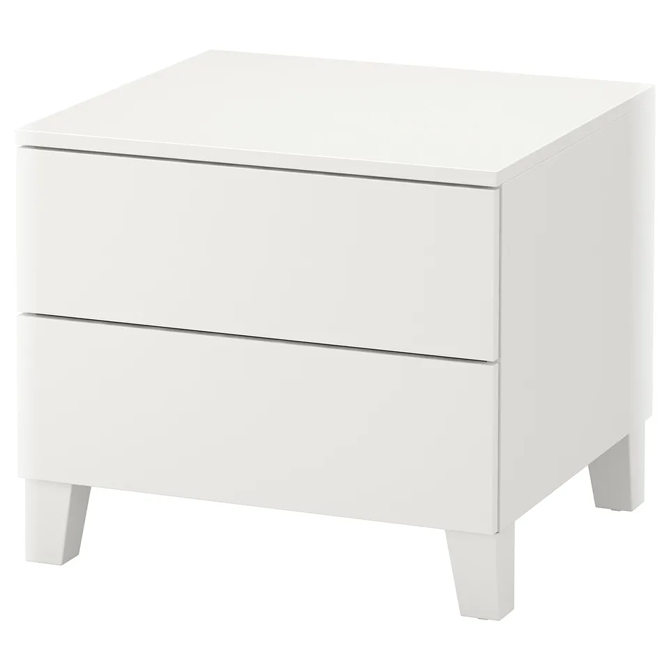 White PLATSA bedside table, modern minimalist design with two drawers, square shape, and sleek legs.
