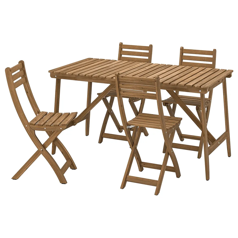 ASKHOLMEN outdoor dining set with table & folding chairs, natural acacia wood, space-saving design.