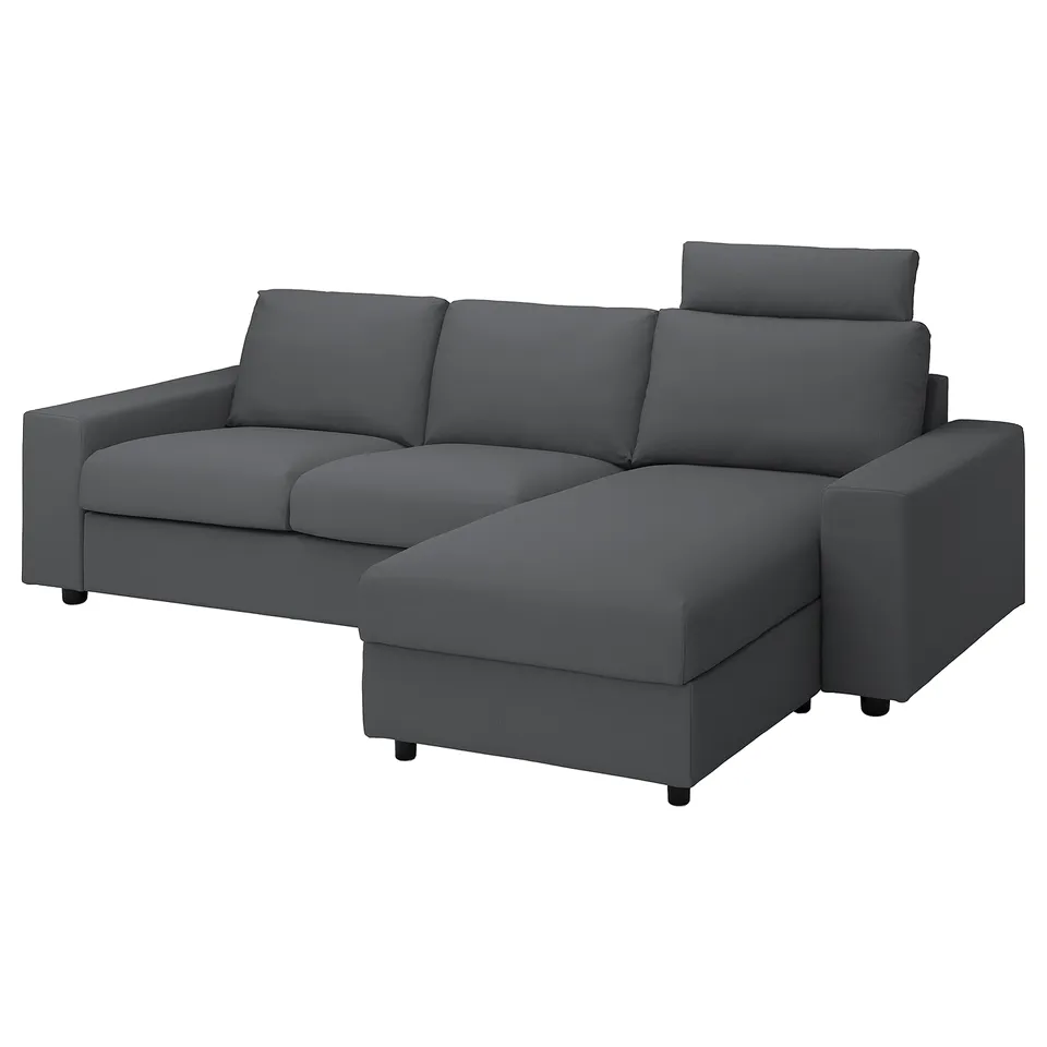 Dark grey VIMLE sectional sofa, modern l-shape, durable cotton-polyester blend.