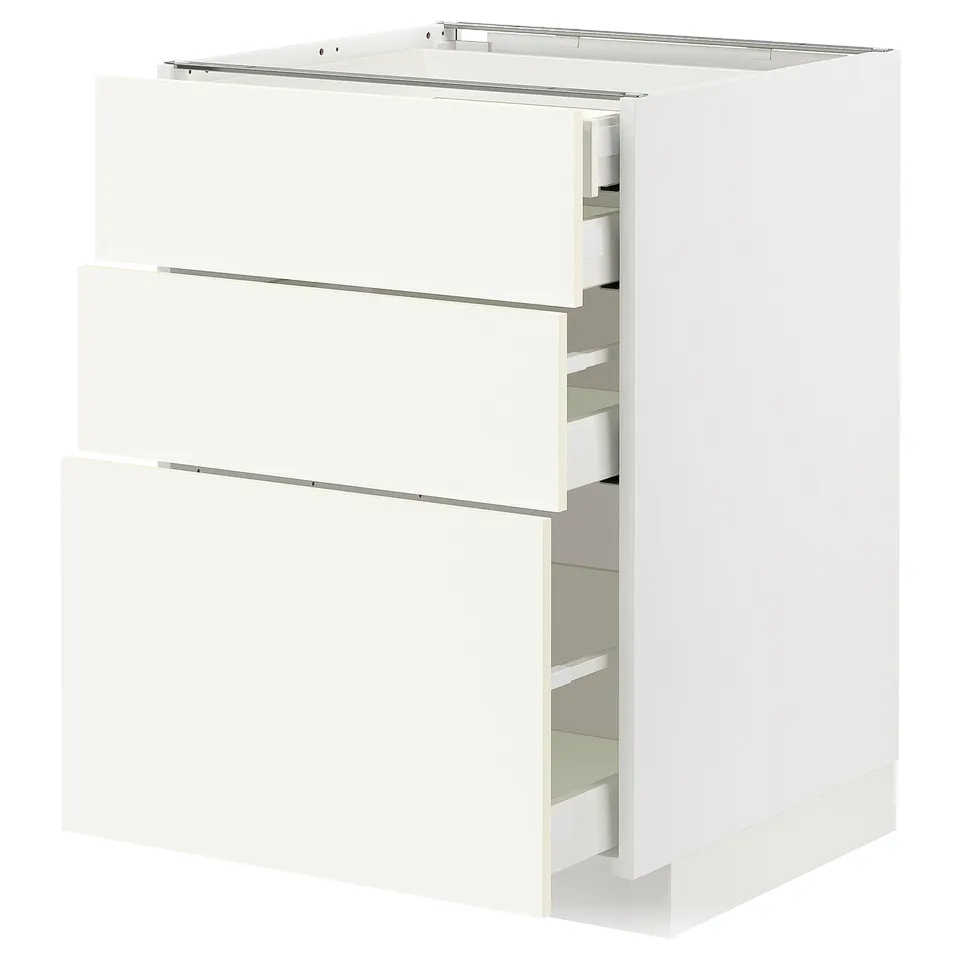 White METOD kitchen unit with three drawers and smooth edges.