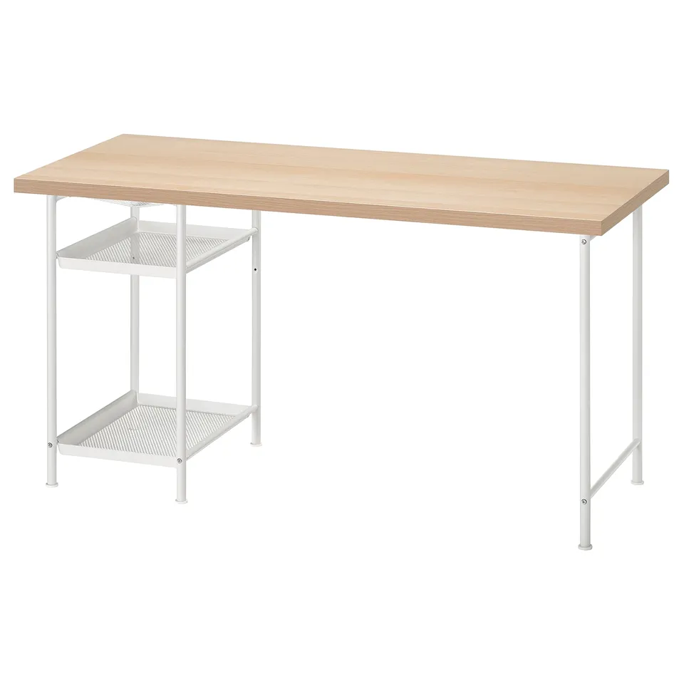 A LAGKAPTEN light brown desk with white metal legs and two mesh shelves.