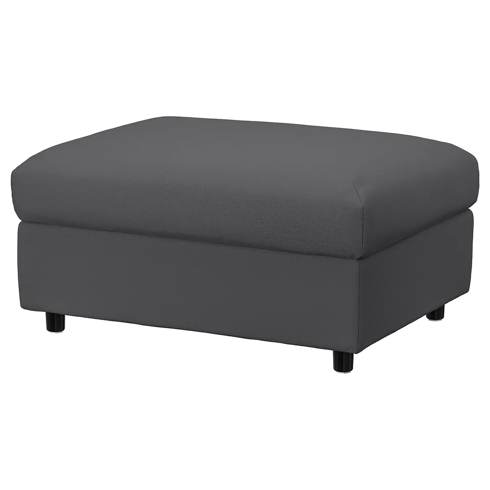 VIMLE grey footstool, rectangular, dark grey fabric, soft padded, wooden legs.