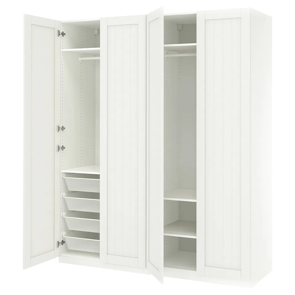 An open white PAX wardrobe with shelves and pullout baskets.