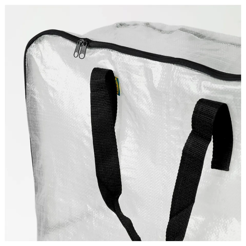 Translucent storage bag with strong black handles and zip, durable and functional design.