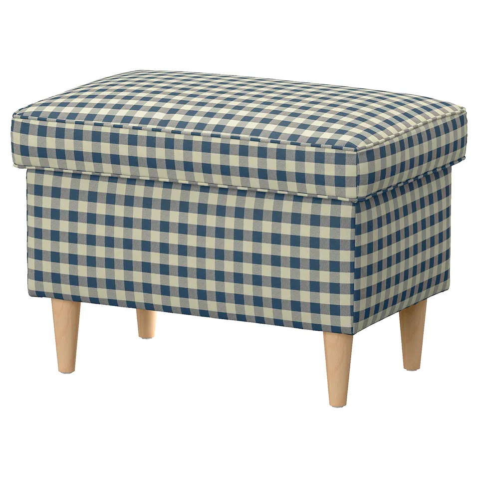Blue & white chequered footstool, wooden legs.