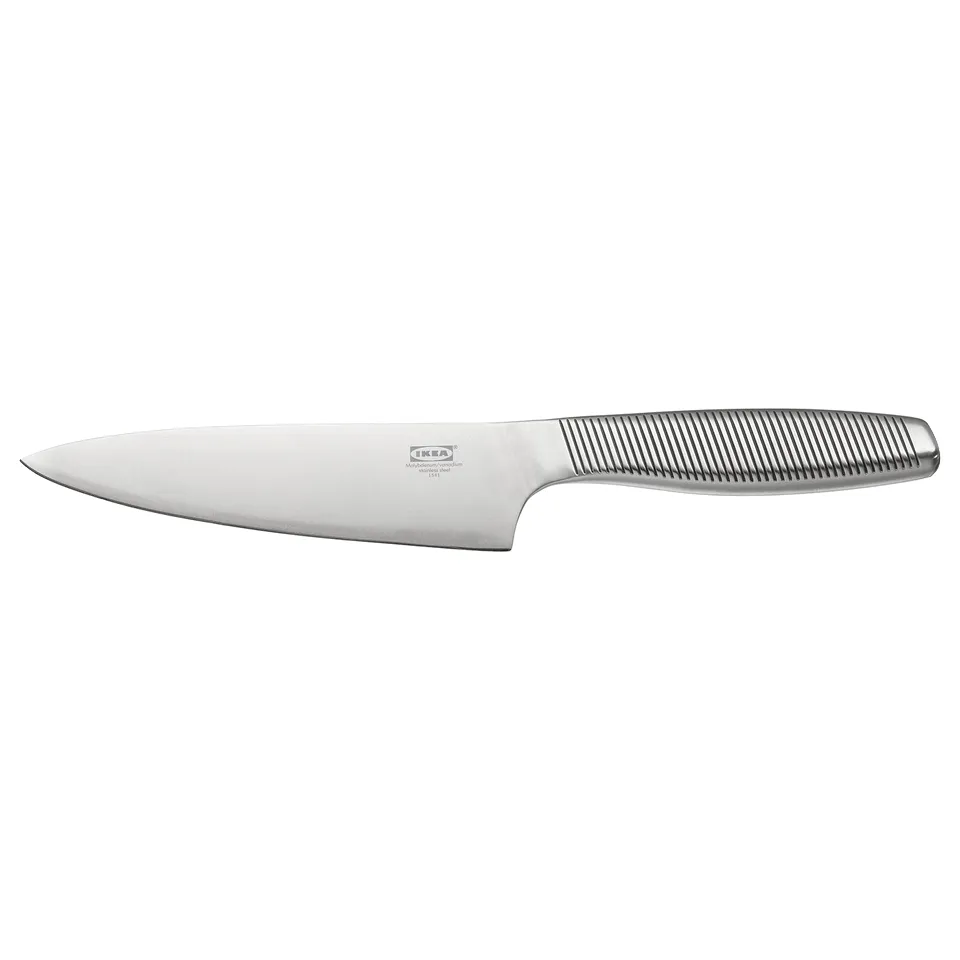 Stainless knife, sleek handle, sharp, durable.