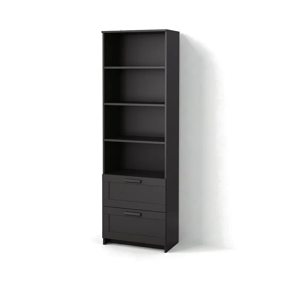 A black BRIMNES bookshelf with adjustable shelves and drawers, featuring a modern design.