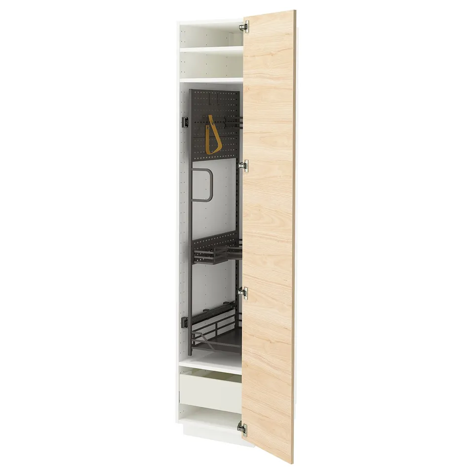 Open kitchen cabinet with light ash wood door, multiple shelves, and pull-out organisers.