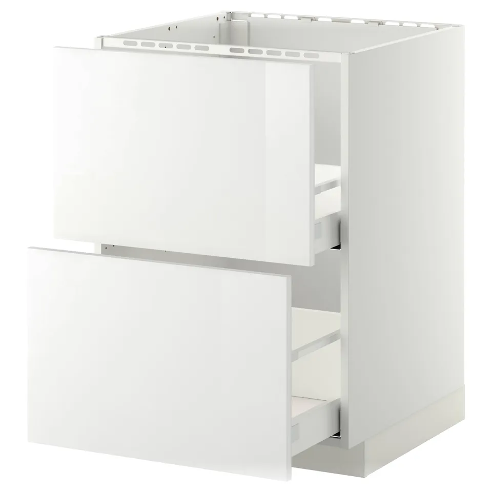 A white ikea METOD kitchen cabinet with two drawers.