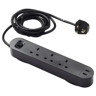 KOPPLA 3-way socket with 2 USB ports, black, 3.0 m