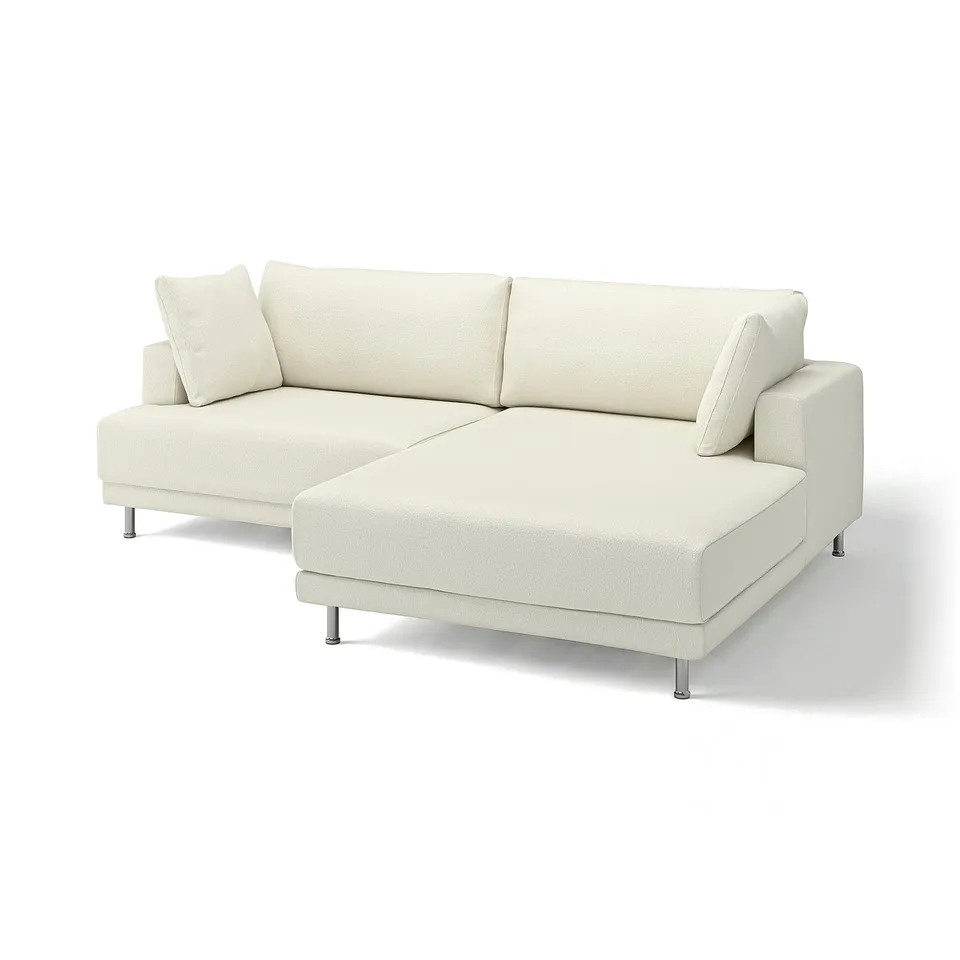 Clean, modern, l-shaped cream sofa, UPPÅKRA, with plush cushions and slim chrome legs.