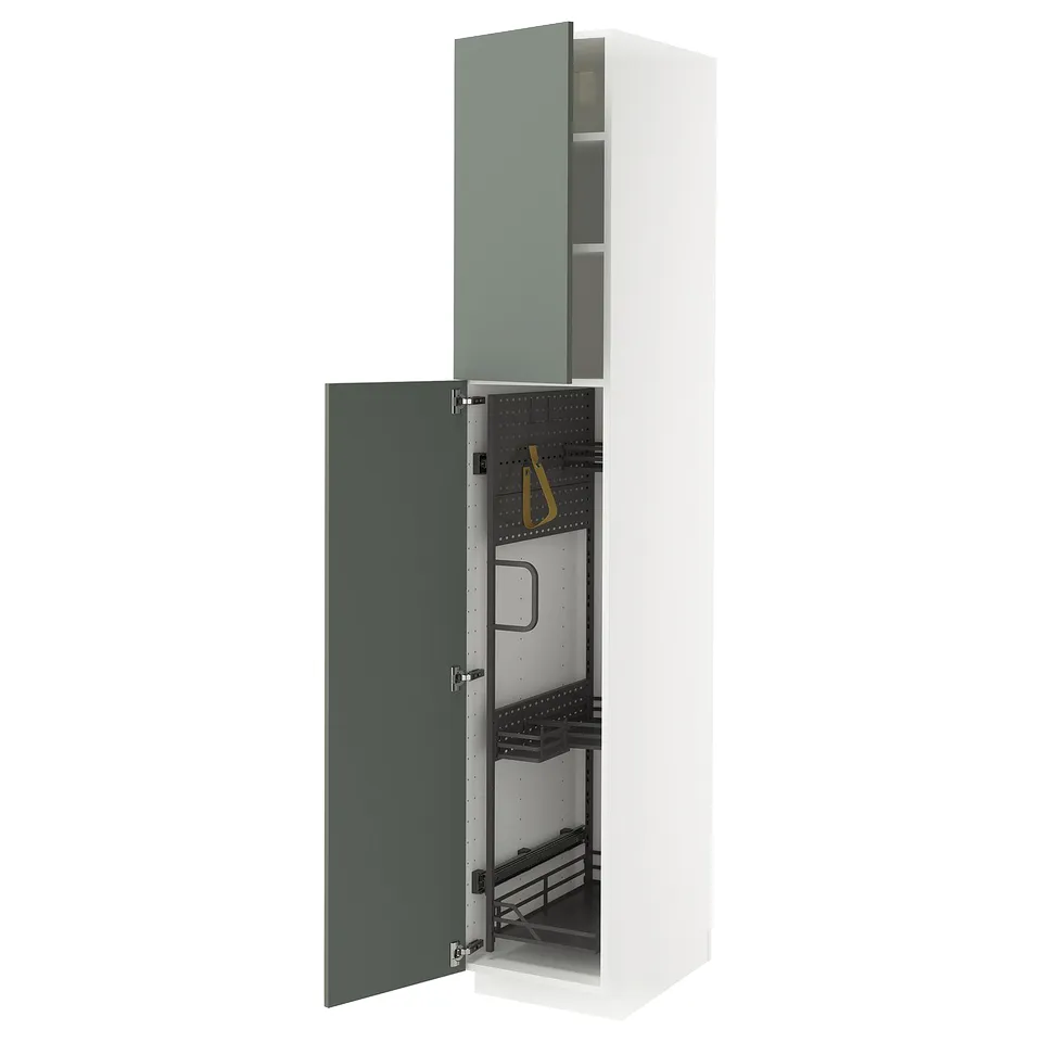 METOD kitchen cabinet in grey-green with pull-out organisers and adjustable shelves.