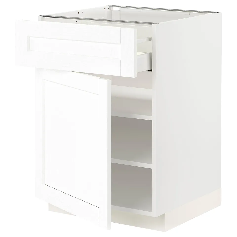 White METOD kitchen cabinet with single door and open drawer.