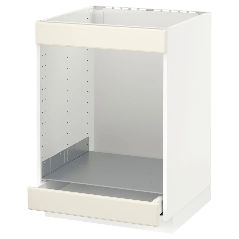White METOD kitchen unit with open bottom and back, off-white drawer, modern design.