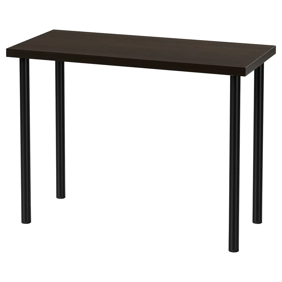 Modern rectangular desk, dark brown top with black metal legs.