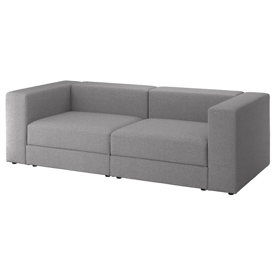 Modern grey sofa, simple clean lines, cushioned comfort, modular design.