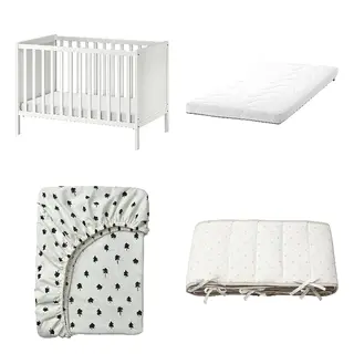 GRÖNFINK/KRUMMELUR/LENAST/SUNDVIK set: cot + foam mattress for cot + fitted sheet for cot + bumper pad