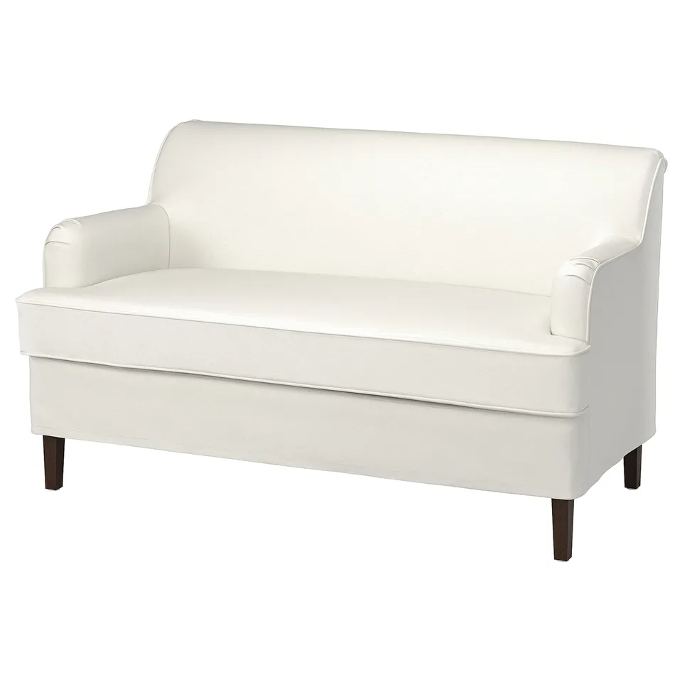 ROCKSJÖN white loveseat, sleek and rounded, with wooden legs.