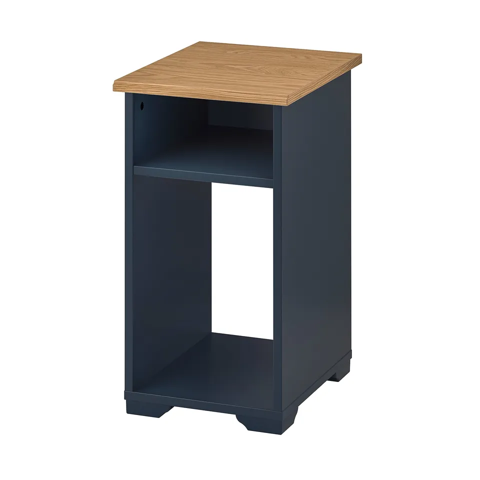 SKRUVBY side table, navy blue with oak top, open shelves, traditional design.