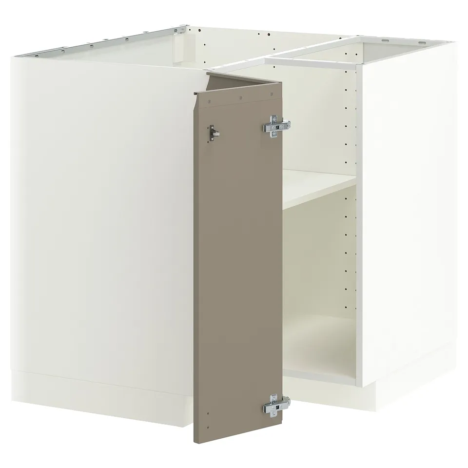 METOD Corner base cabinet with shelf, white/Upplöv matt dark beige, 88x88x80 cm