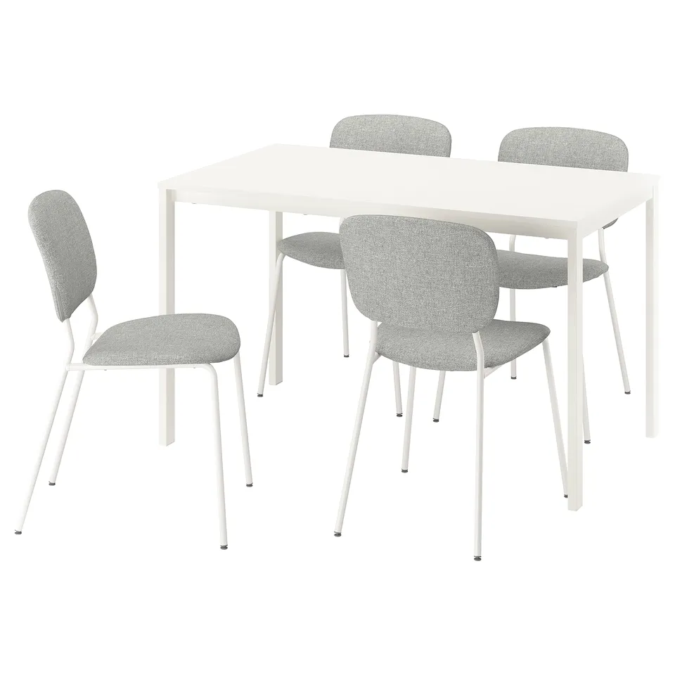 VIHALS white square dining table with four light grey fabric chairs.