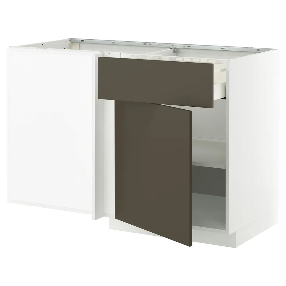 A white and dark brown kitchen cabinet from the METOD system, featuring sleek, modern design with adjustable shelves and sturdy construction.