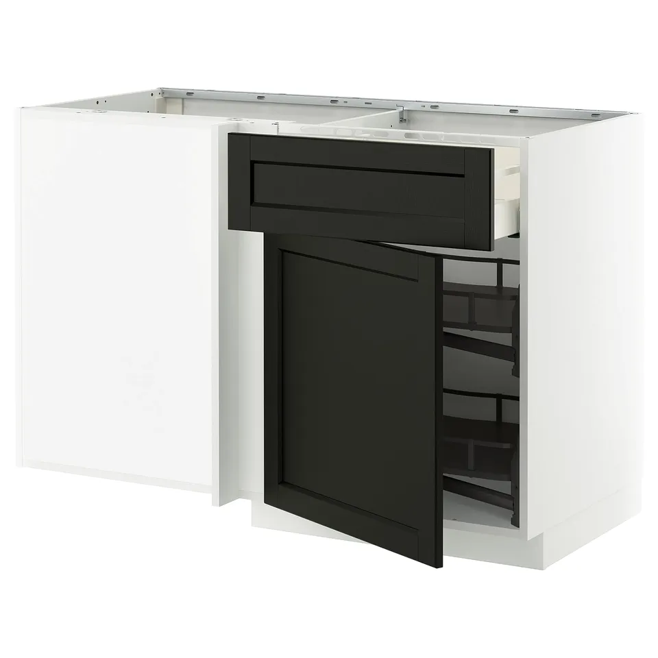 A white and black stained kitchen unit with a drawer and shelves, part of the METOD kitchen system.