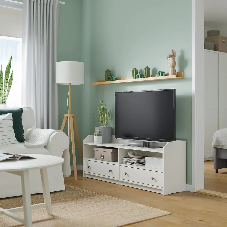 Modern living room with white tv stand, flat screen, cacti decorations, potted plants, and a cosy seating area by the window.