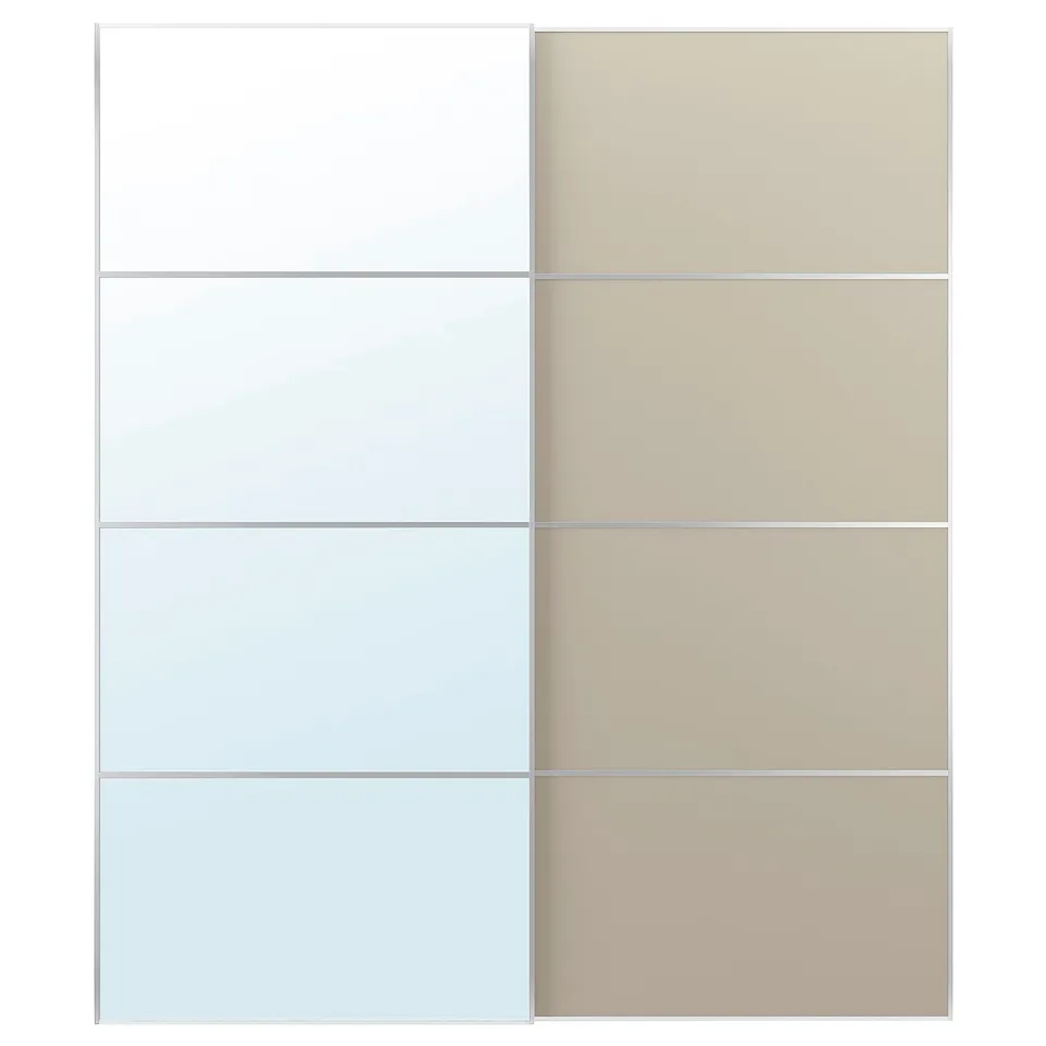 AULI sliding doors. One door is mirrored, the other has beige and white panels. Rectangular shape with modern design.