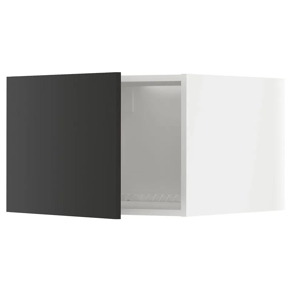 Modern black-metallic kitchen cabinet with white interior.