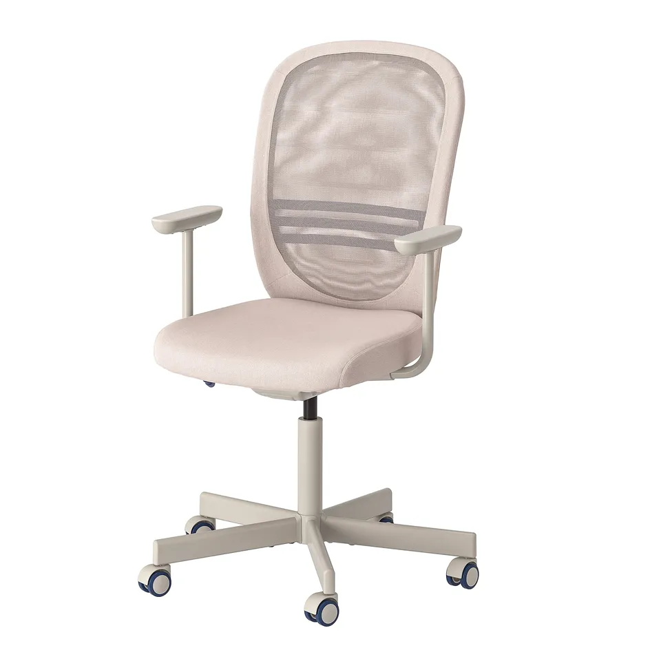 A TROTTEN office chair in light beige. It has a mesh back, armrests, and adjustable height, with a light-colored base and wheels.