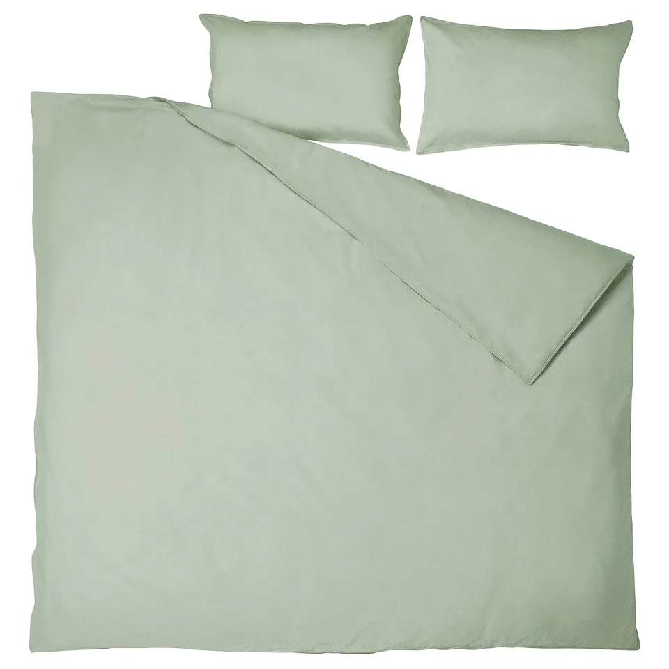 ÄNGSLILJA duvet & pillows in muted green, 100% cotton, square design.