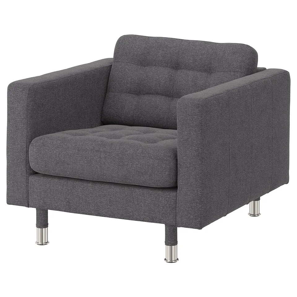 Dark grey fabric armchair, modern design, tufted seat, chrome legs.