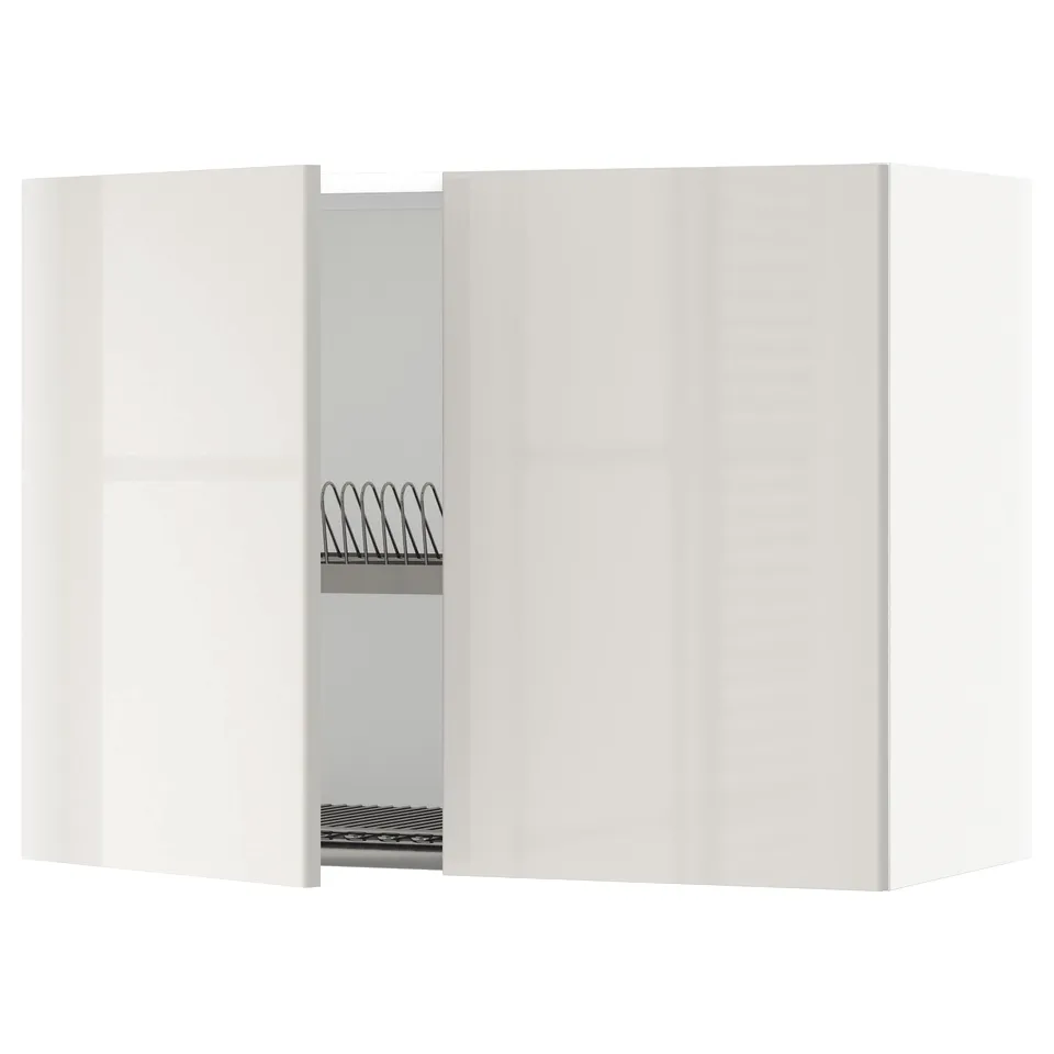 Modern kitchen cabinet, white with grey glass door, sleek metal shelf.
