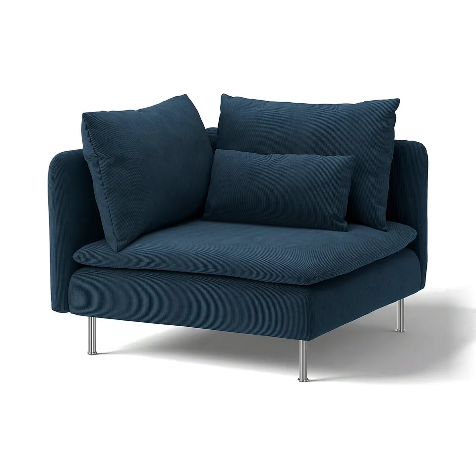 Depicts a navy blue SÖDERHAMN armchair with a recycled polyester cover. It has a modern, sleek design with metal legs and plush cushions.