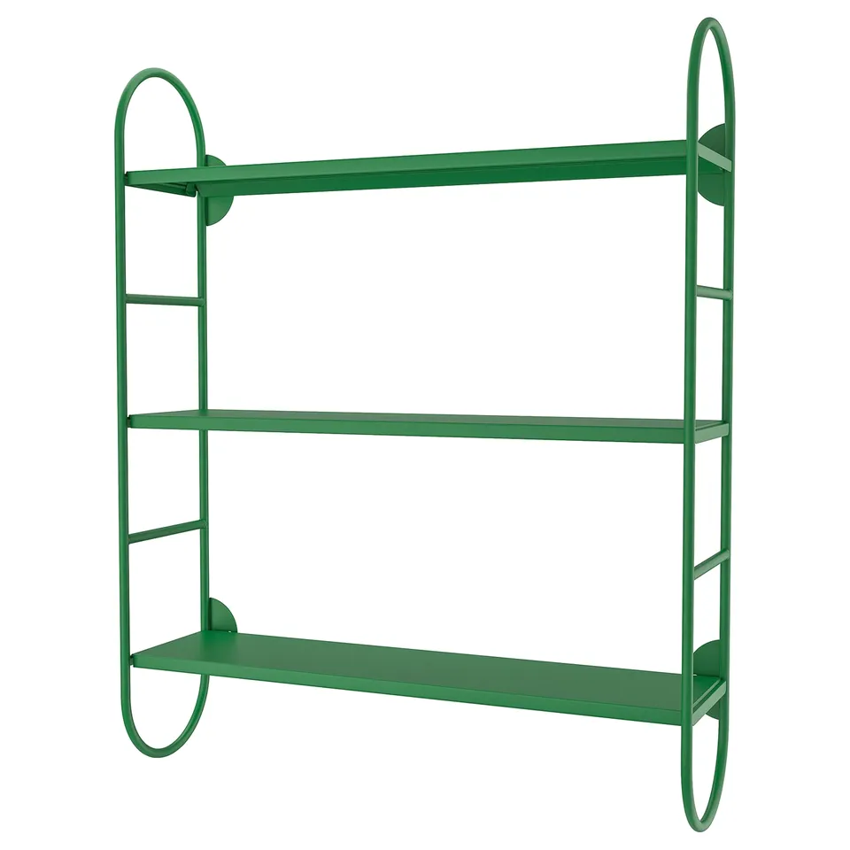 Green metal wall shelf, FÄRGSÄTTARE, three-tier design, stylish and functional, ideal for any room.