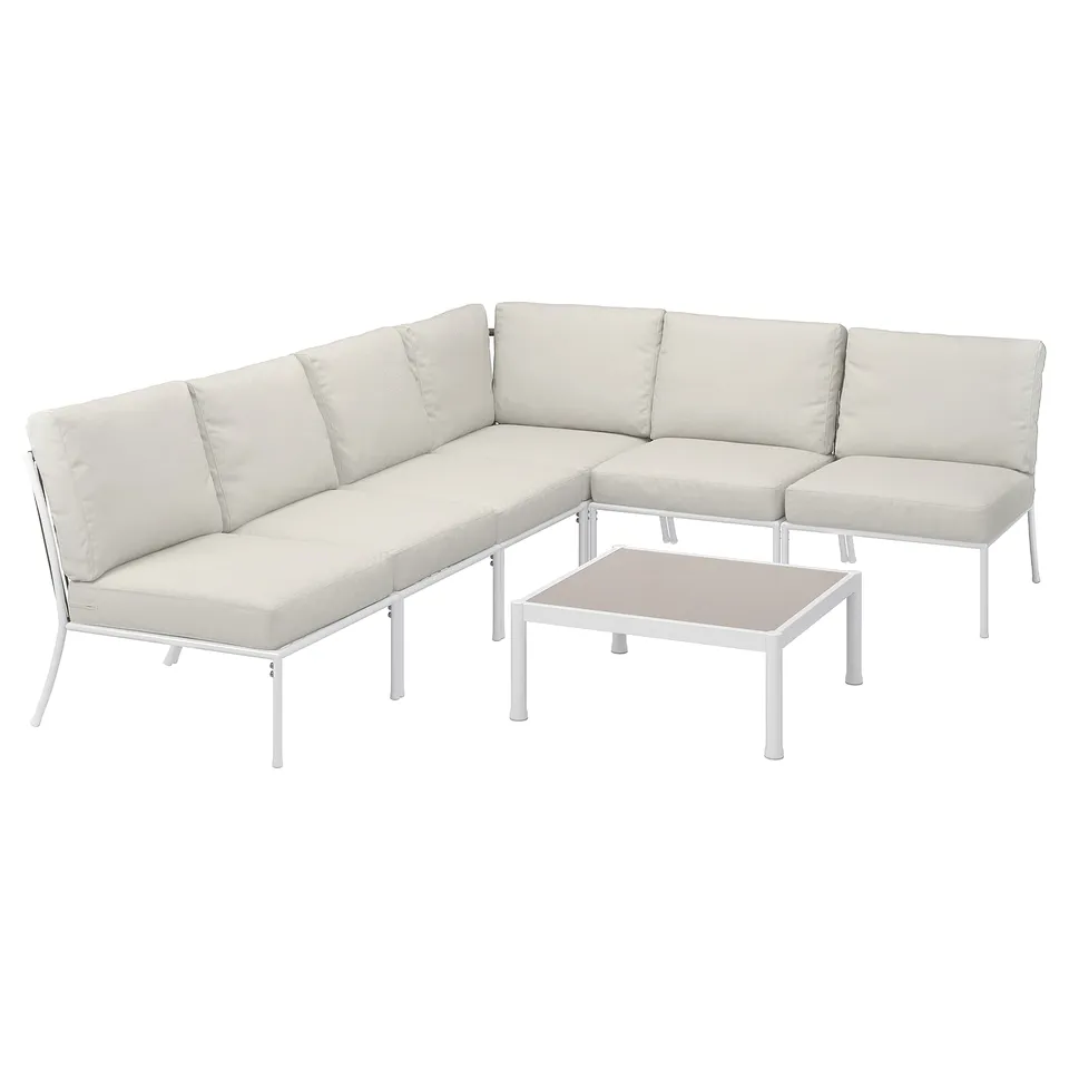 SEGERÖN outdoor section set, white, modern design, corner & chairs with cushions, includes table.