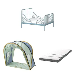 ELDFLUGA/HÄMPLING/MINNEN set: ext bed frame with slatted bed base + bed tent + 3D mattress for extendable bed