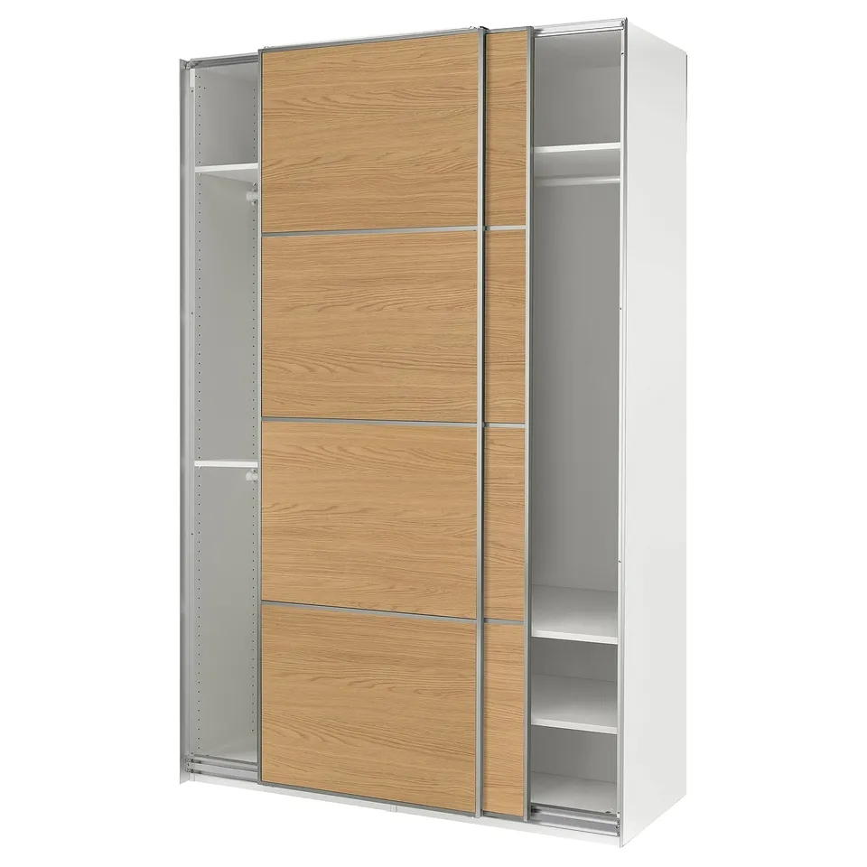 PAX / MEHAMN Wardrobe with sliding doors, white aluminium/double sided oak effect, 150x66x236 cm