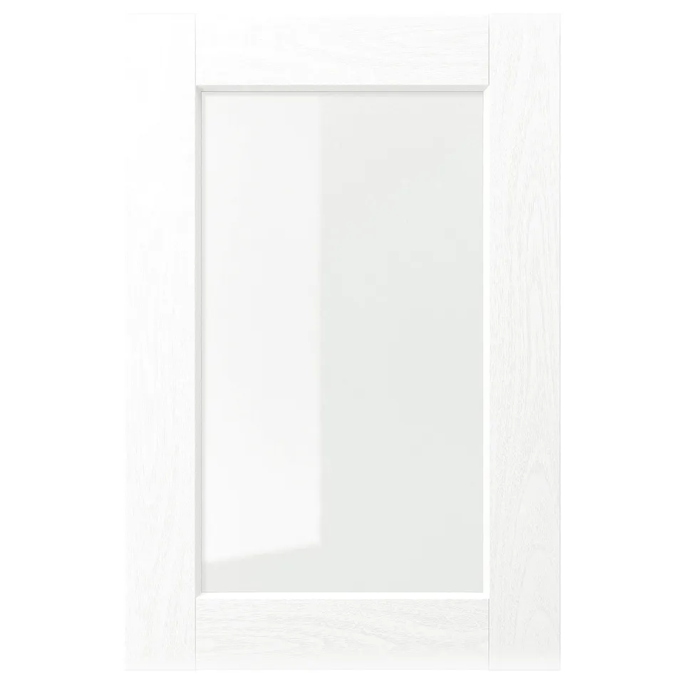 ENKÖPING white cabinet door, classic design with wood-like foil, rectangular shape, central glass panel.