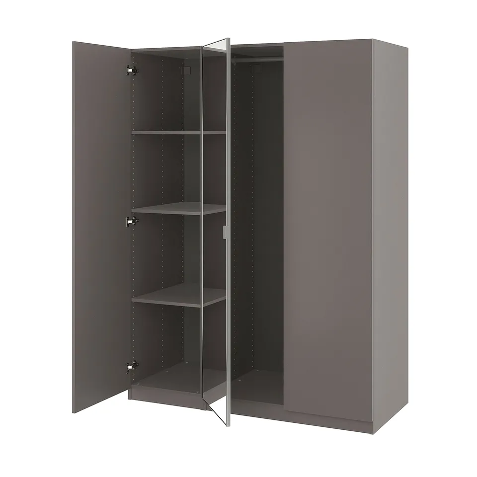 Modern grey PAX wardrobe, mirrored doors open, adjustable shelves, steel hardware.