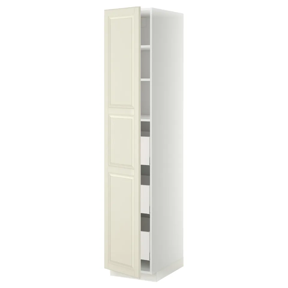 Off-white tall cabinet from ikea METOD series, with two doors and adjustable shelves.