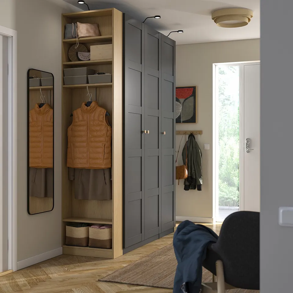 PAX / BERGSBO Wardrobe combination, dark grey dark grey/oak effect, 170x60x236 cm
