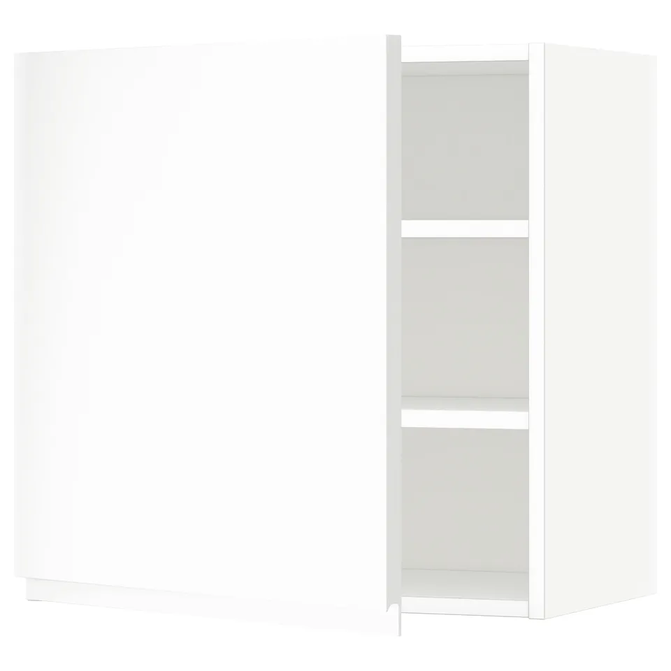 White modern kitchen cabinet with one open door showing shelves. Sleek, minimalist design.