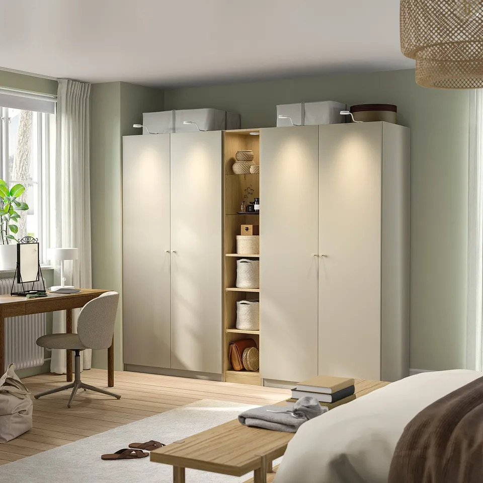 PAX / FORSAND Wardrobe combination, grey-beige grey-beige/oak effect, 235x60x201 cm
