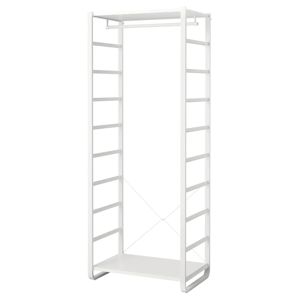 ELVARLI white closet system, modular, adjustable shelves, sleek metal design.